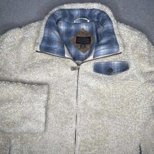 Pendleton Jacket Mens Medium Beige Sherpa Fleece Zip Plaid Pocket Outdoors Warm
